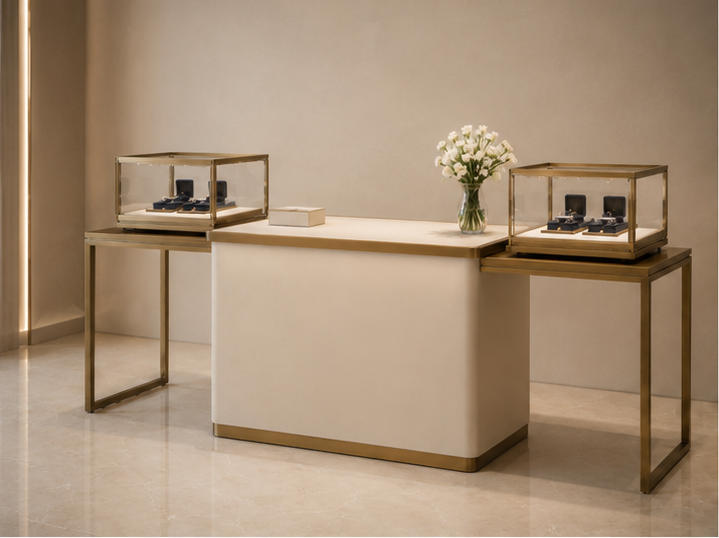 Modular Jewelry Display Console Set | Brass Frame Showcase 7 Modular jewelry display console set side angle view
